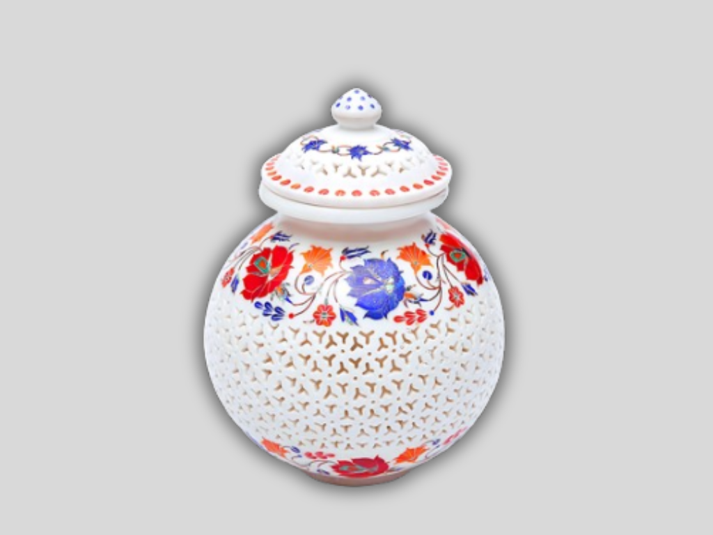 Italian Marble Top White Flower Pot Lapis Carnelian Filigree Art Room Decor